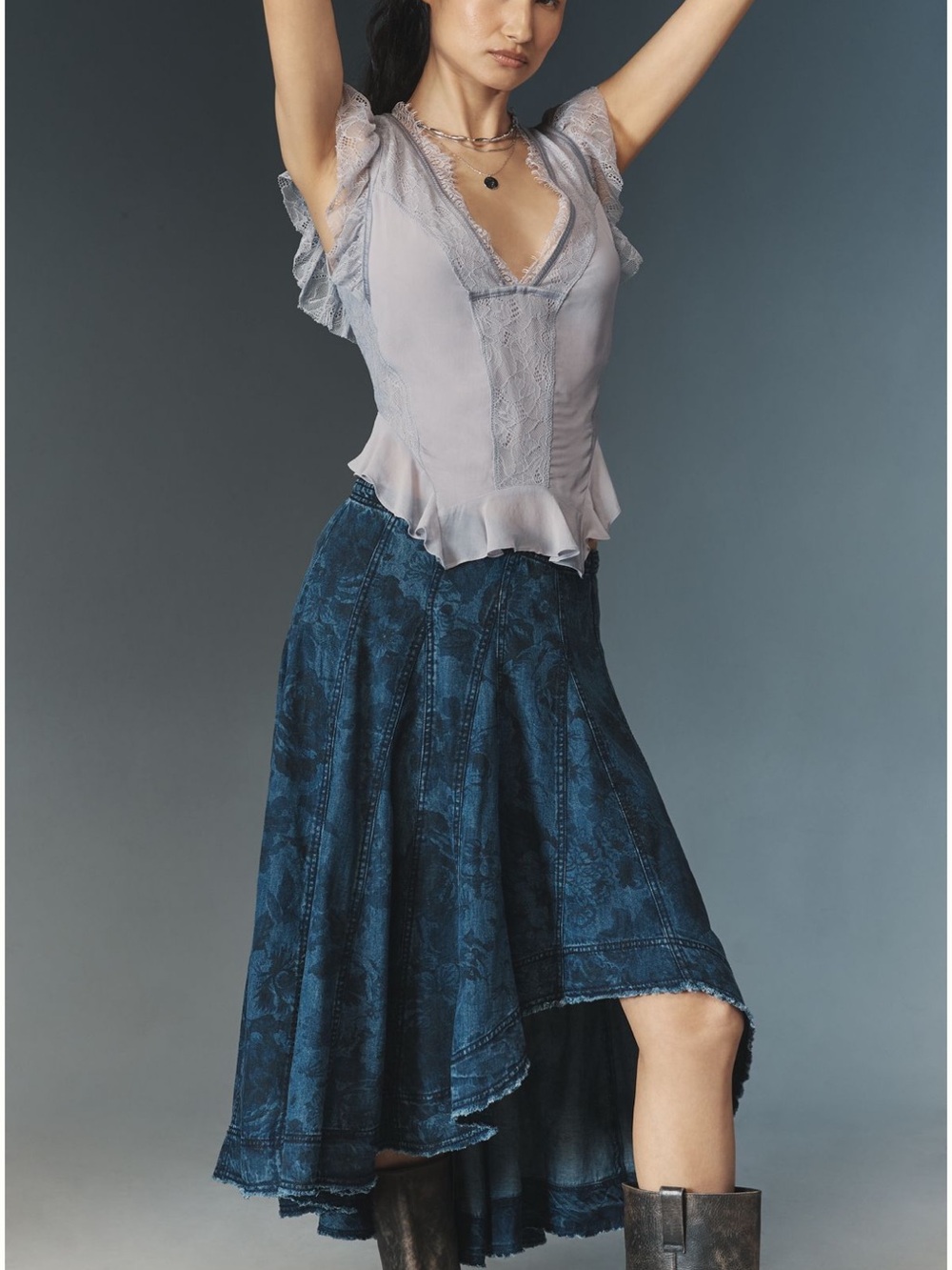 Anthropologie Dark Blue High-Low Denim Skirt with Jacquard Texture